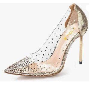 FSJ Gold Studded Pointed Toe Transparent Pumps High Heels Shoes